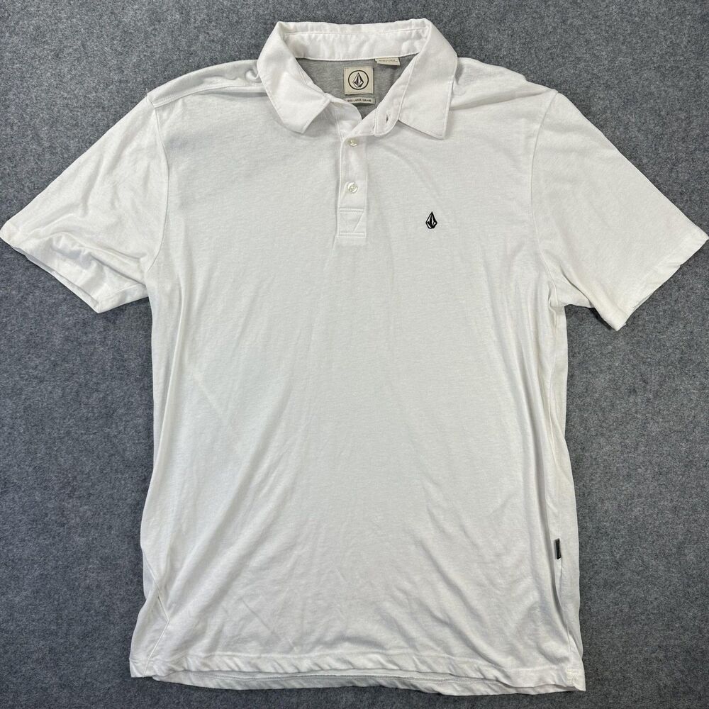 Volcom Polo Shirt Mens Large White Solid Cotton Blend Skate Casual Logo Summer